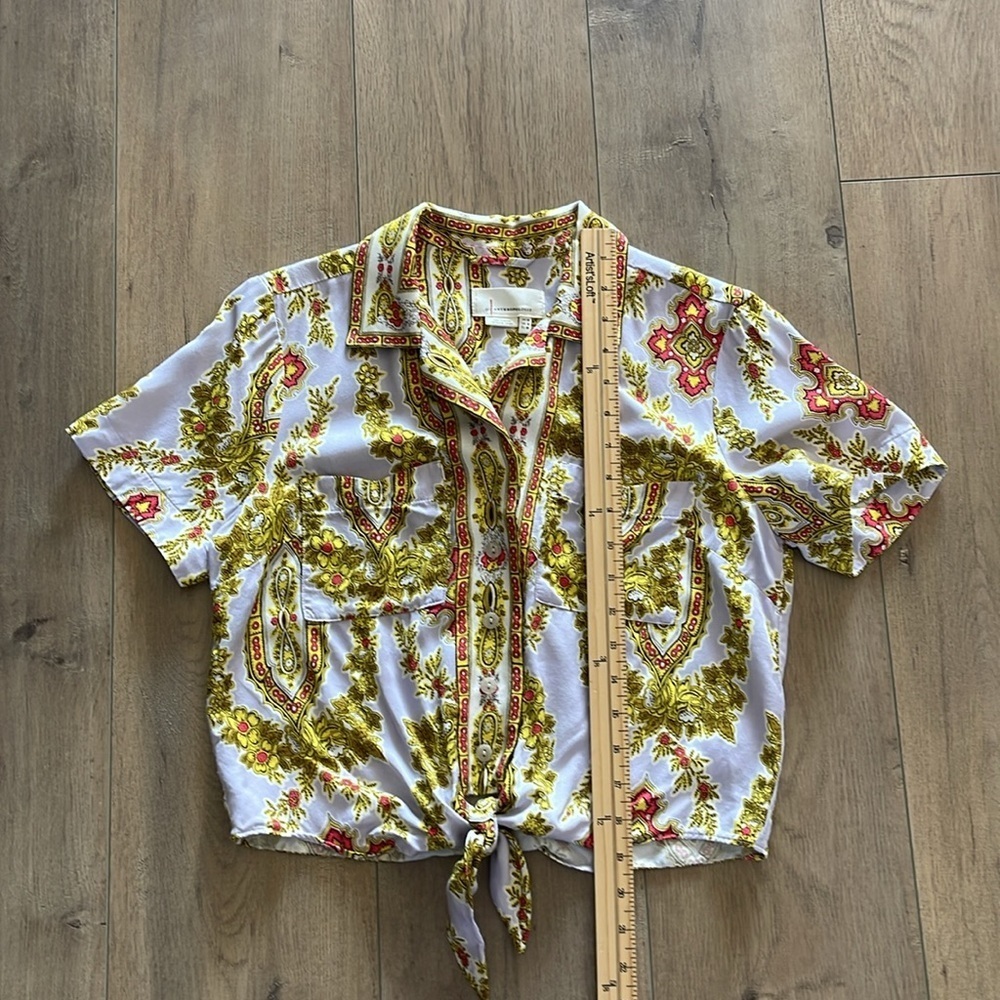 Anthropologie Maeve Echarpe Medallion Scarf Print Blouse Sz 6 Cropped Casual EUC - Picture 9 of 11